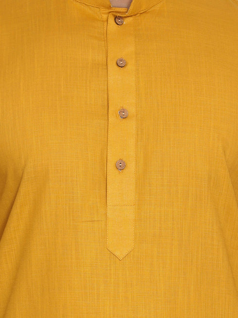 Men's Navy Blue Solid Cotton Nehru Jacket With Mustard Kurta And White Pyjama Set